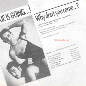 Può includere: Una foto in bianco e nero di un uomo in un match di wrestling. Il testo "Frankie is going..." e "Why don't you come...?" è stampato sulla pagina. Il testo "Flashback Vintage Ads" è anche stampato sulla pagina.