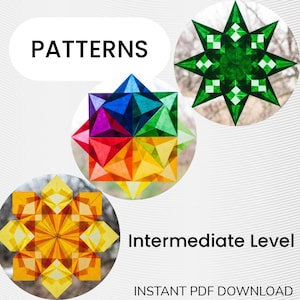 May include: The image showcases colorful geometric patterns, including a rainbow-colored starburst and a green star. The word "PATTERNS" is displayed at the top, with "Intermediate Level" and "INSTANT PDF DOWNLOAD" at the bottom. These designs are likely for crafting or art projects.
