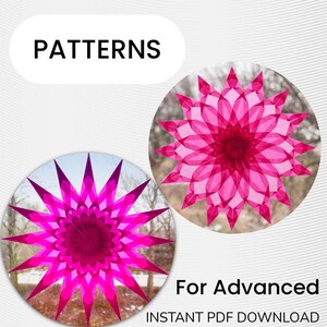 May include: The image features two circular designs of a pink starburst pattern, set against a blurred outdoor background. The word "PATTERNS" is displayed in a white oval at the top. Below, the text reads "For Advanced INSTANT PDF DOWNLOAD."