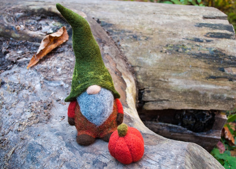 Needle felted woodland gnome, Felt gnomes, waldorf gnome, wool gnome, autumn, Orange, green, pumpkin, needle felted christmas decoration image 7