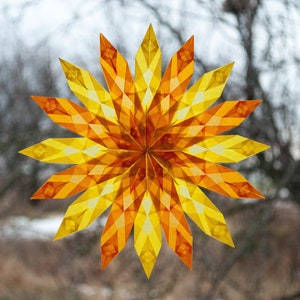Stelle per finestre Waldorf, stelle gialle, decalcomania da parete per bambini, aquilone, carta mandala, disegno geometrico, carta trasparente, ornamenti origami,