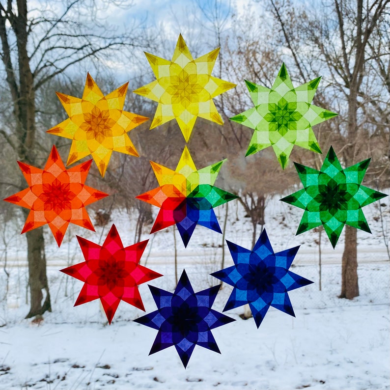 NEW Waldorf Window Stars set 9 stars 3.9 rainbow window christmas decals kite paper transparent paper origami ornaments window decal image 1