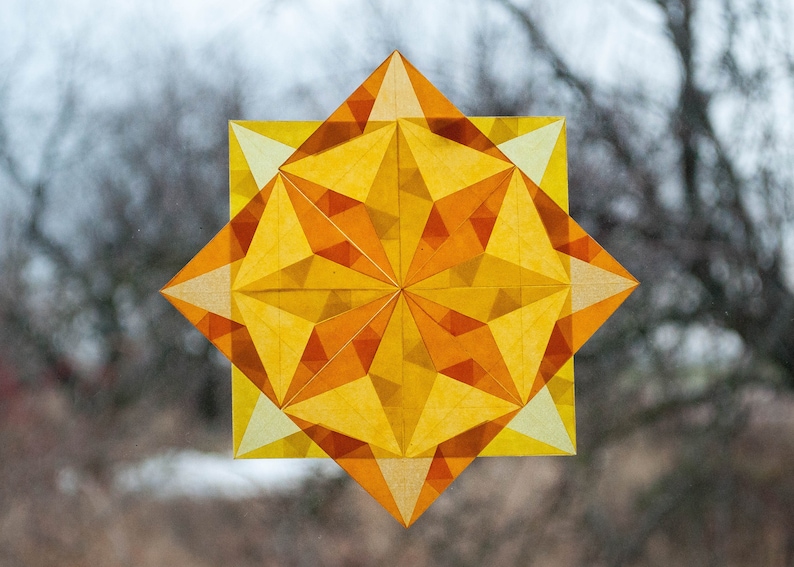 origami ornaments, nursery wall decal kite paper mandala geometric design yellow Stars Waldorf Window Stars transparent paper