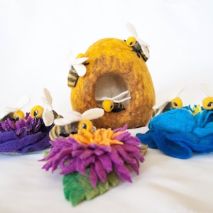 Needle felted  beehive and bees + Needle felt flowers, beehive and bees bees toys bees gifts Christmas Gift  Waldorf Toys, waldorf inspired