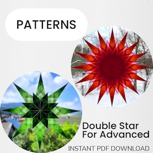 May include: The image features two star-shaped designs. One is a vibrant green star with a checkered pattern, set against a blue sky. The other is a red and orange star against a snowy backdrop. Text reads "PATTERNS" and "Double Star For Advanced".