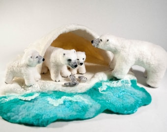 White bears, needle felted polar bears family with lairs winter felted play mat Felt Animals Play Set, Waldorf , needle felted animals