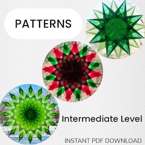 May include: The image displays three circular patterns in shades of green and red, with the word "PATTERNS" at the top. The text "Intermediate Level" and "INSTANT PDF DOWNLOAD" are also visible. The patterns appear to be geometric designs.