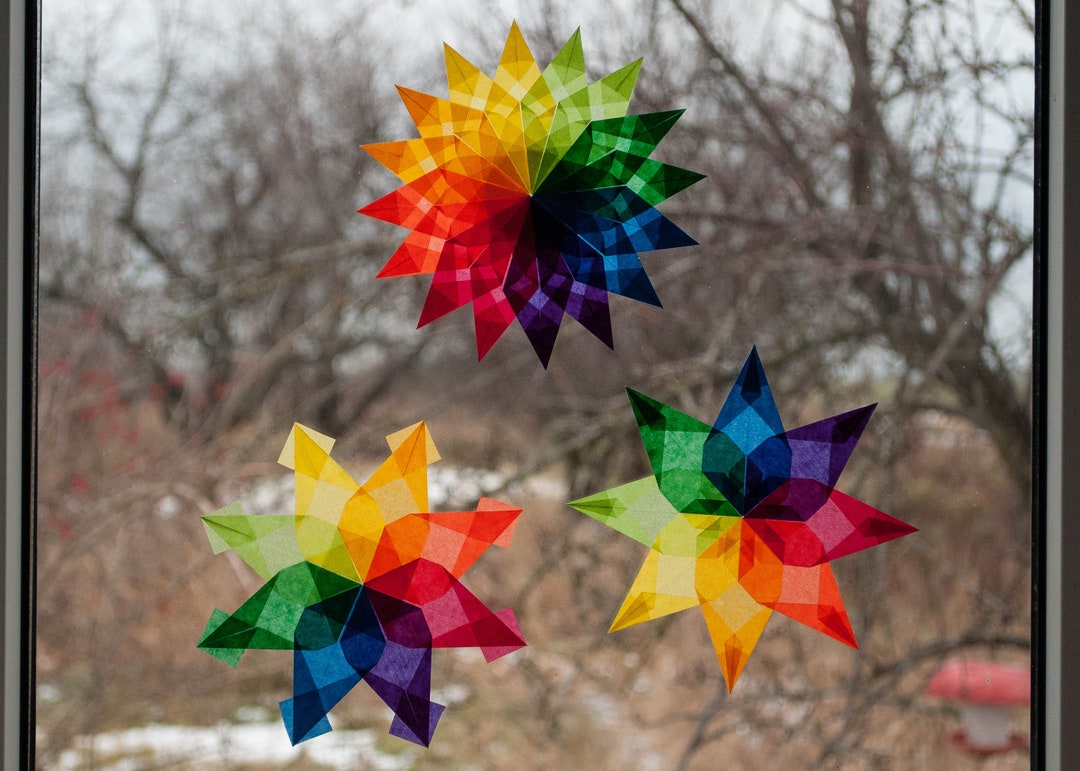 Window Star Paper Waldorf Window Stars Set - 3 Rainbow Stars Christmas Decals Kite Paper ...