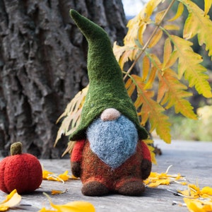 Needle felted woodland gnome, Felt gnomes, waldorf gnome, wool gnome, autumn, Orange, green, pumpkin, needle felted christmas decoration image 1