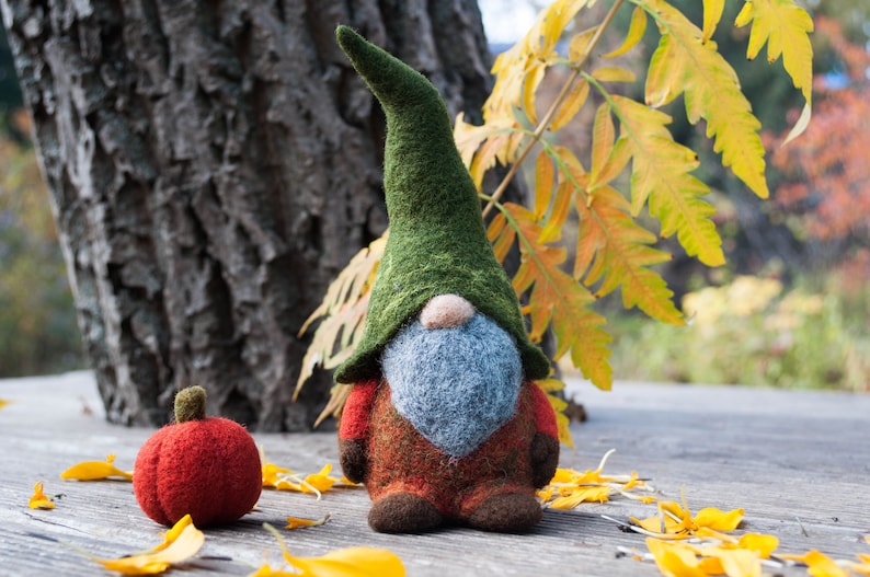 Needle felted woodland gnome, Felt gnomes, waldorf gnome, wool gnome, autumn, Orange, green, pumpkin, needle felted christmas decoration image 1