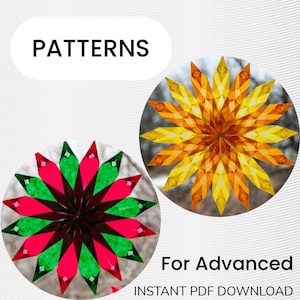 May include: The image displays two circular starburst patterns in shades of red, green, and yellow. The text "PATTERNS" is at the top, and "For Advanced INSTANT PDF DOWNLOAD" is at the bottom. The patterns appear to be paper crafts.
