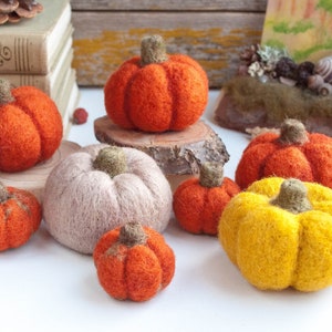 Op de afbeelding: Een verzameling van viltpompoenen in verschillende kleuren, waaronder oranje, beige en geel. De pompoenen zijn gerangschikt op een wit oppervlak met een houten basis.