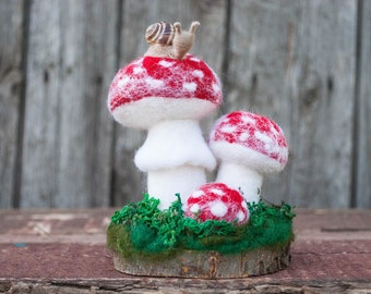 Red Felted Mushrooms - 3 Wool Felt Toadstools woodland fairy nursery Rustic Decor  Fly Agaric,  needle felted christmas decoration