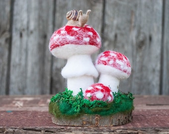 Red Felted Mushrooms - 3 Wool Felt Toadstools woodland fairy nursery Rustic Decor  Fly Agaric,  needle felted christmas decoration