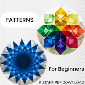 May include: Image features two circular designs with geometric patterns. One is a blue starburst, the other a rainbow-colored flower. Text reads "PATTERNS" and "For Beginners" with "INSTANT PDF DOWNLOAD" at the bottom.