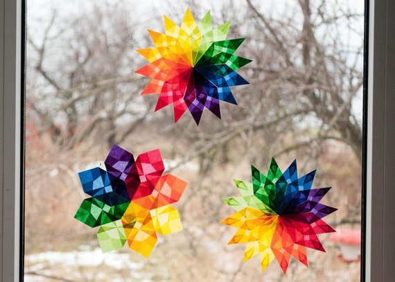 Waldorf Fenster Sterne Set 3 Regenbogen Sterne Weihnachten Fenster Aufkleber Kite Papier Transparent Papier Origami Ornamente Fenster Aufkleber