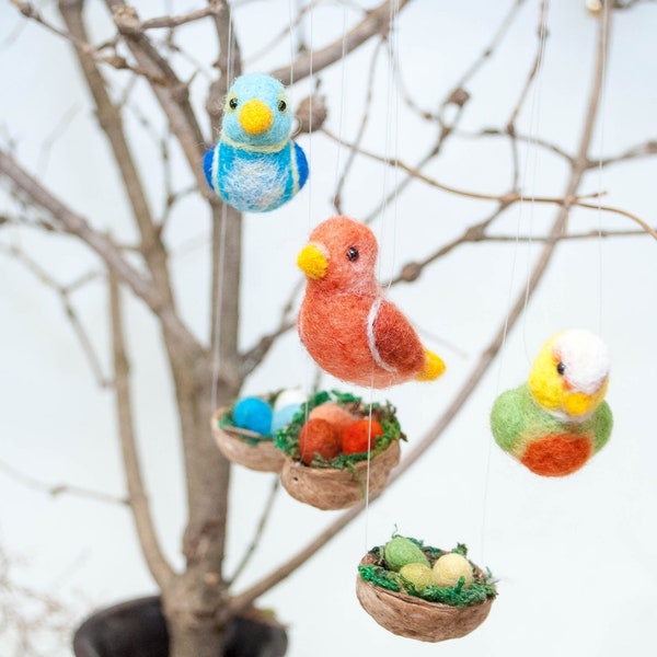 Easter eggs, bird nest, set- 3 needle felt small birds with nests and eggs - 3 , waldorf birds,  spring, nature table, easter decoration,