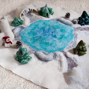 Felt  white polar play mat, waldorf  play mat, Felt playscape, Christmas lake play mat, wool play mat,  snow