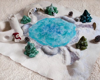Felt  white polar play mat, waldorf  play mat, Felt playscape, Christmas lake play mat, wool play mat,  snow