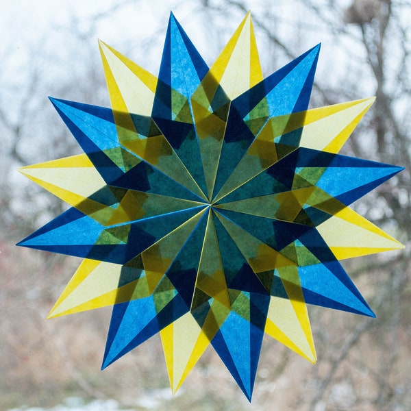 Waldorf Window Stars blue yellow window christmas decals kite paper Christmas Star transparent paper origami ornaments  window decal