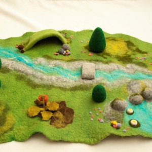 Wool play mat +  gift felt bridge, Waldorf River felt play mat, needle felt meadow, table play mat, felt playscape, waldorf playscape,  gift