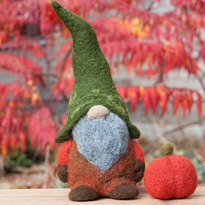 Needle felted woodland gnome, Felt gnomes, waldorf gnome, wool gnome, autumn, Orange, green, pumpkin, needle felted christmas decoration image 4