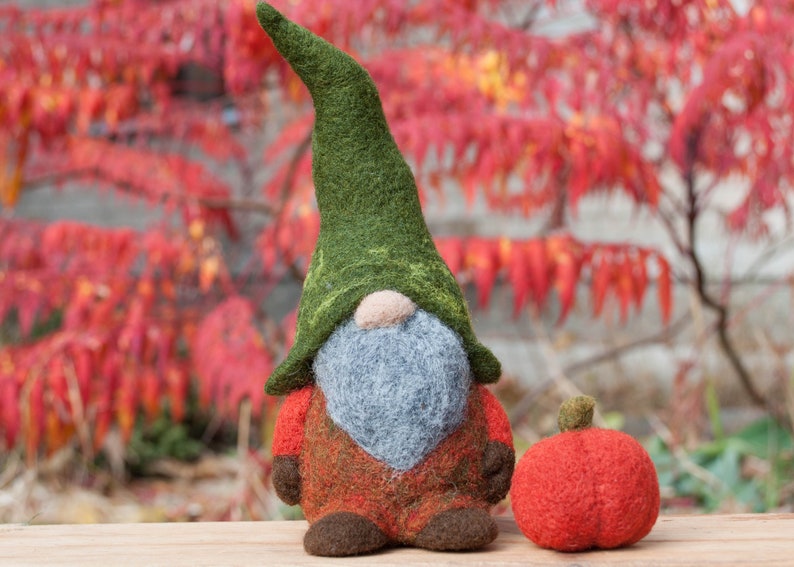 Needle felted woodland gnome, Felt gnomes, waldorf gnome, wool gnome, autumn, Orange, green, pumpkin, needle felted christmas decoration image 4