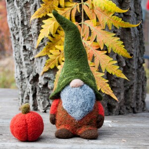 Needle felted woodland gnome, Felt gnomes, waldorf gnome, wool gnome, autumn, Orange, green, pumpkin, needle felted christmas decoration image 2