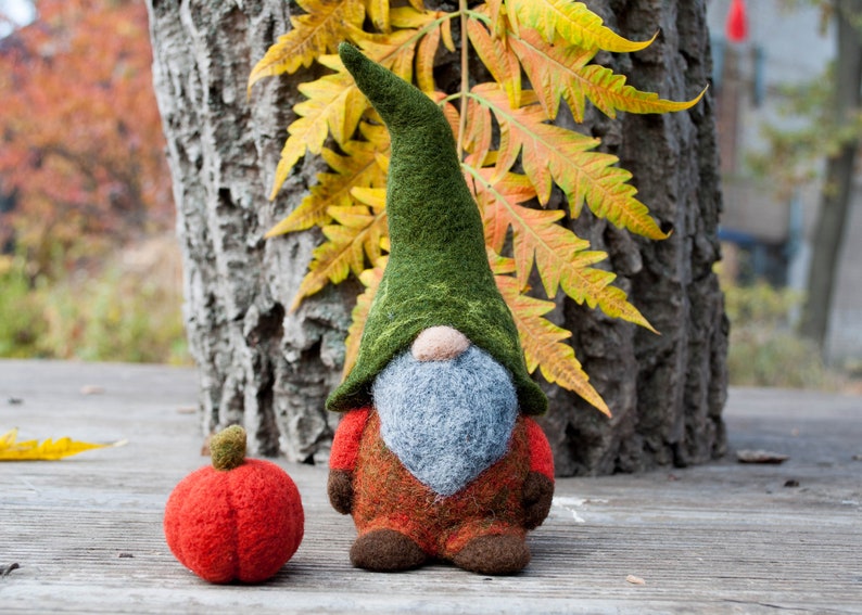 Needle felted woodland gnome, Felt gnomes, waldorf gnome, wool gnome, autumn, Orange, green, pumpkin, needle felted christmas decoration image 2