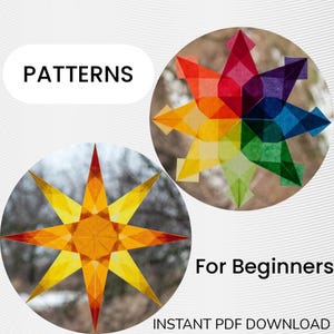 May include: Two circular images showcasing star-shaped patterns. One features a gradient of yellow to red, the other a rainbow of colors. Text reads "PATTERNS" and "For Beginners", with "INSTANT PDF DOWNLOAD" at the bottom.