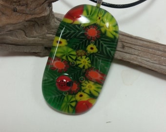 Fused Glass Pendant  Green Flowers and Leaves