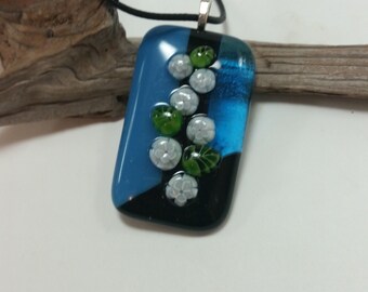 Fused Glass Pendant Blue/Black White Flowers