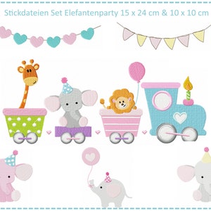Elephant Party Set 15x24 & 10x10 Embroidery File - Train of Animals - Giraffe - Elephant - Lion - Pennant Chain