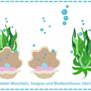 May include: Embroidered design featuring a seashell with a pearl, seaweed, and blue bubbles. The design is 10 inches by 10 inches.