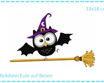 Eule auf Besen - Halloweeneule 13x18 Stickdatei