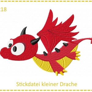 May include: Red and yellow cartoon dragon embroidery design, 13 inches by 18 inches, with the text "Stickdatei kleiner Drache"