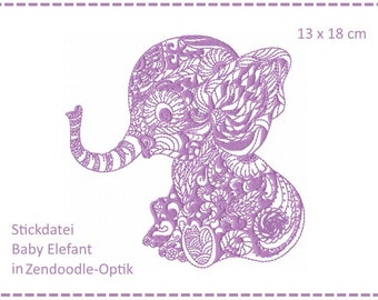 Baby Elephant Zendoodle embroidery file 13x18