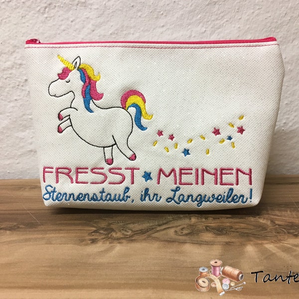 Schminktäschchen aus Glitzerkunstleder mit Stickerei Einhorn - Fresst meinen Sternenstaub, ihr Langweiler!