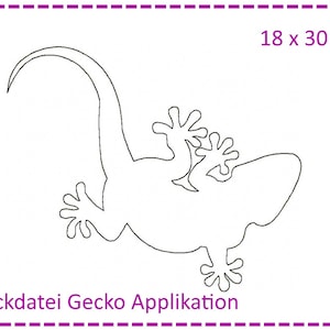Puede incluir: Un dibujo en blanco y negro de un gecko, que mide 18 cm por 30 cm. La imagen está etiquetada como "Stickdatei Gecko Applikation".