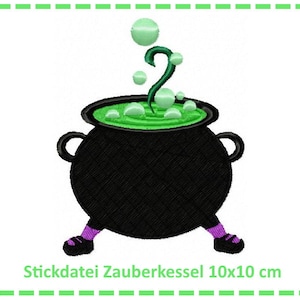 May include: A black cauldron with green bubbling liquid and a green stem with bubbles rising from it. The cauldron has purple legs and is 10 cm by 10 cm.