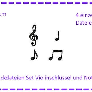 Könnte beinhalten: Ein Set mit vier Stickdateien, die einen Violinschlüssel und Noten zeigen. Die Dateien sind 2x6 cm groß.
