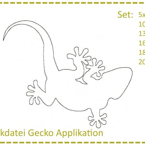 Puede incluir: Dibujo de línea de un gecko, con el texto "Stickdatei Gecko Applikation" y "Set: 5x5, 10x10, 13x18, 16x26, 18x30, 20x30" debajo de la imagen.