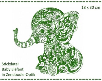 Baby Elephant Zendoodle embroidery file 18x30