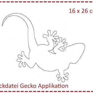 Puede incluir: Un dibujo en blanco y negro de un gecko, que mide 16 x 26 cm. La imagen está etiquetada como "Stickdatei Gecko Applikation".