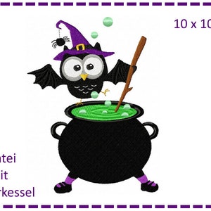 Owl with magic cauldron Halloween owl 10x10 embroidery file image 1