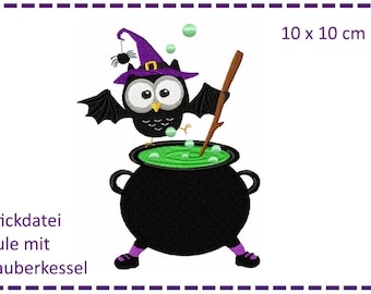 Eule mit Zauberkessel - Halloweeneule 10x10 Stickdatei