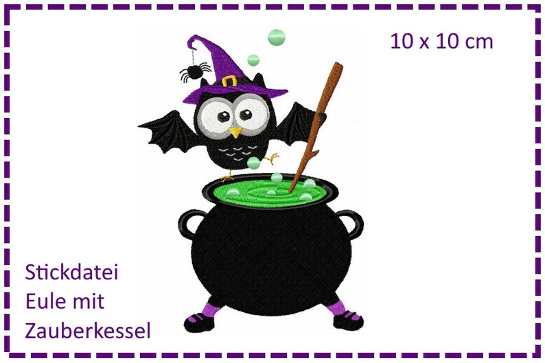 Owl with magic cauldron Halloween owl 10x10 embroidery file image 1