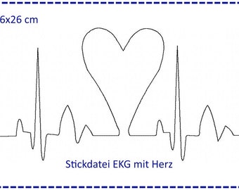 Embroidery file 16 x 26 cm "palpitations" ECG with heart