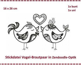 Bird Newlyweds Zendoodle embroidery file 16x26
