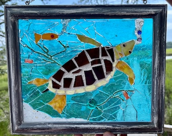 LISTO 2 ENVÍO Tortuga marina Mosaico Vida marina Vidrieras Arte OOAK